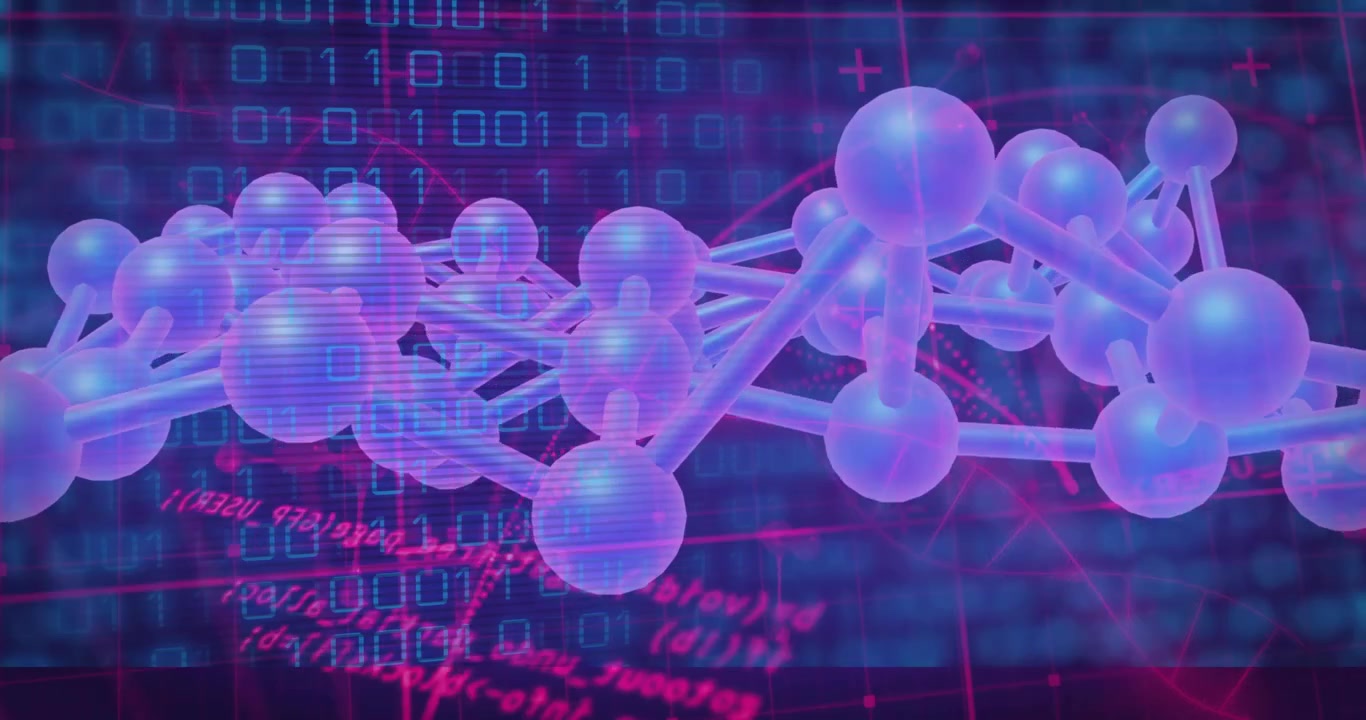 By scrolling binary, glass 3D lattice drifting right, centering, nodes rotating, showing data flow