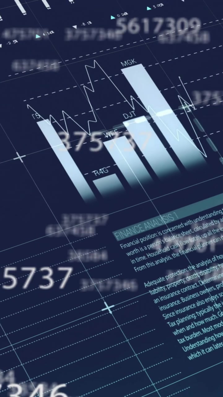 Animation of statistics and financial data processing on dark background