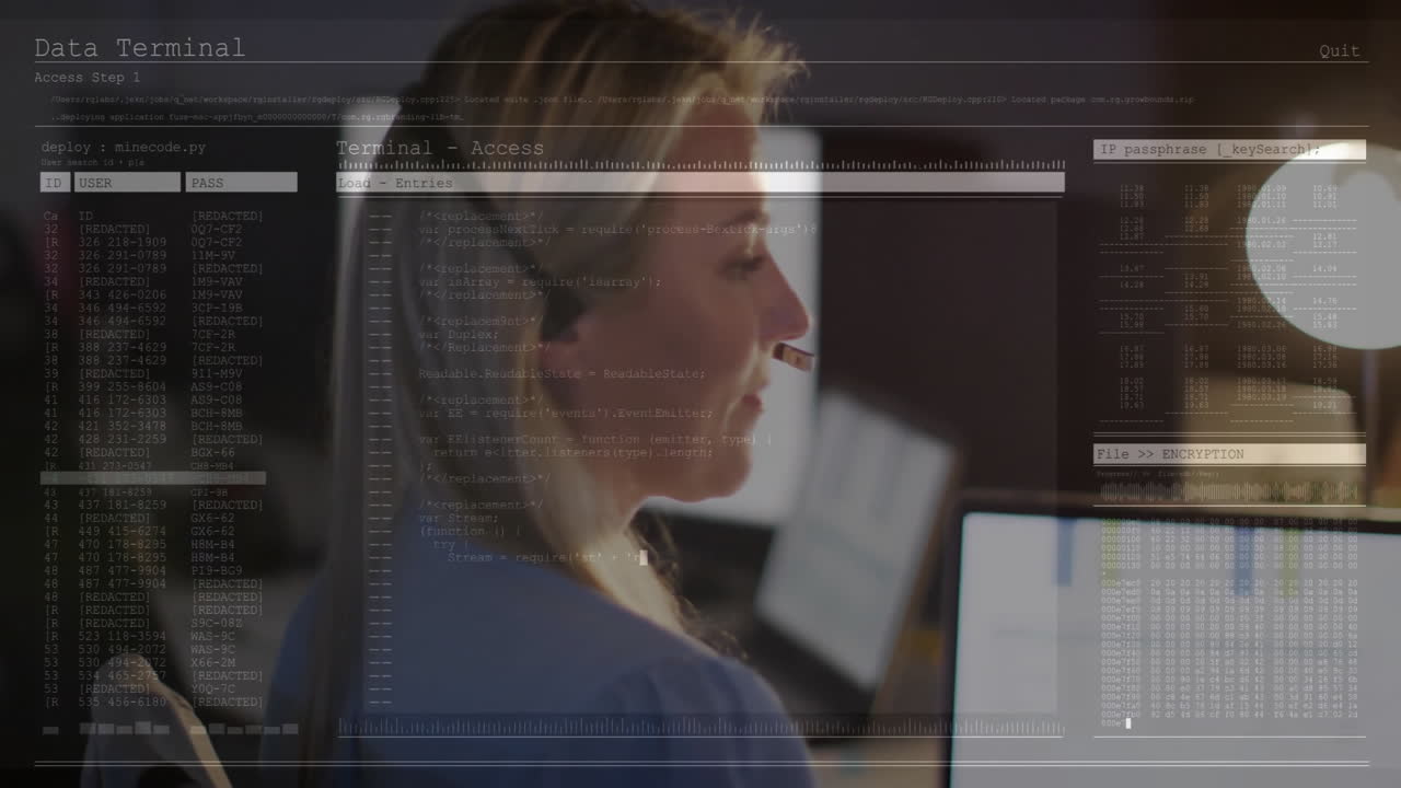 female IT professional typing code at workstation, showing terminal overlays and encryption data
