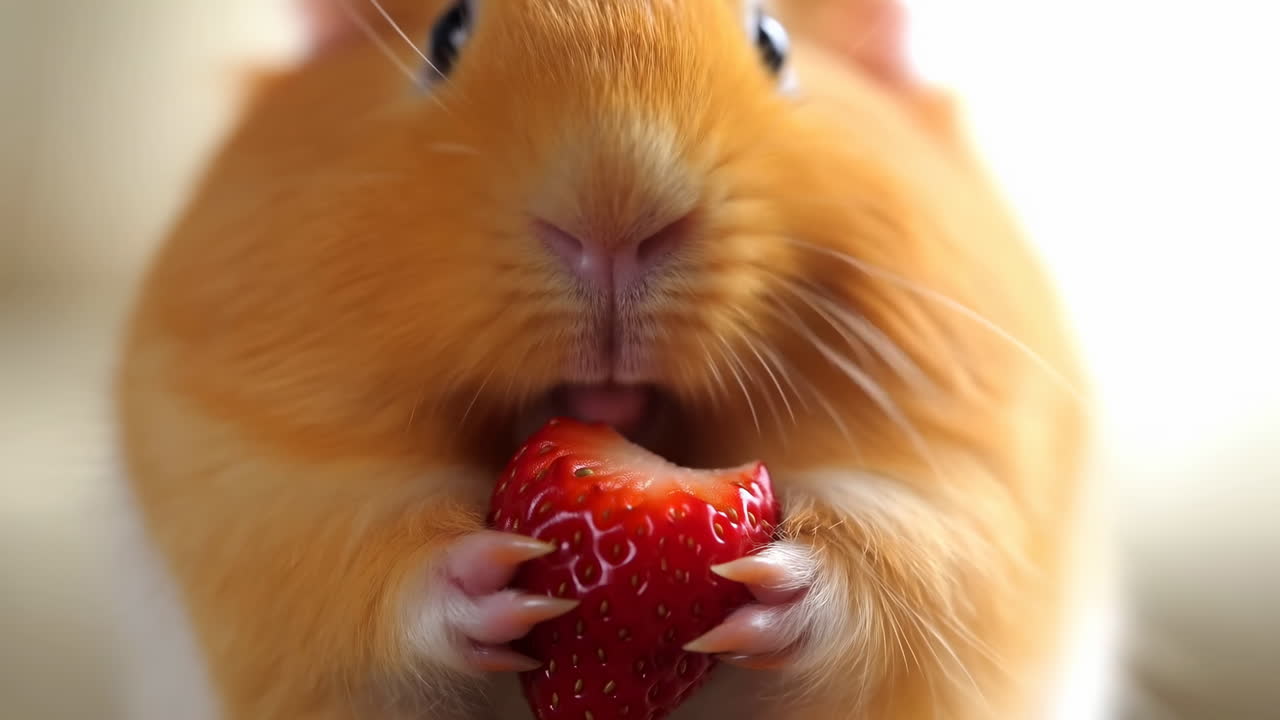 Closeup Orange Hamster Eating Strawberry, Soft Fur And Tiny Paws Clasp Ripe Red Berry, Whiskers Twitching,