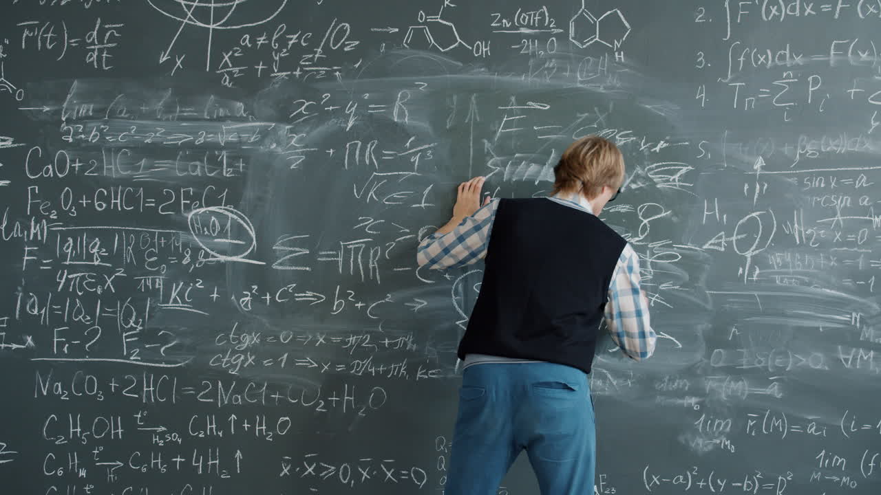 Teacher Dancing in Front of a Chalkboard Filled with Math Equations