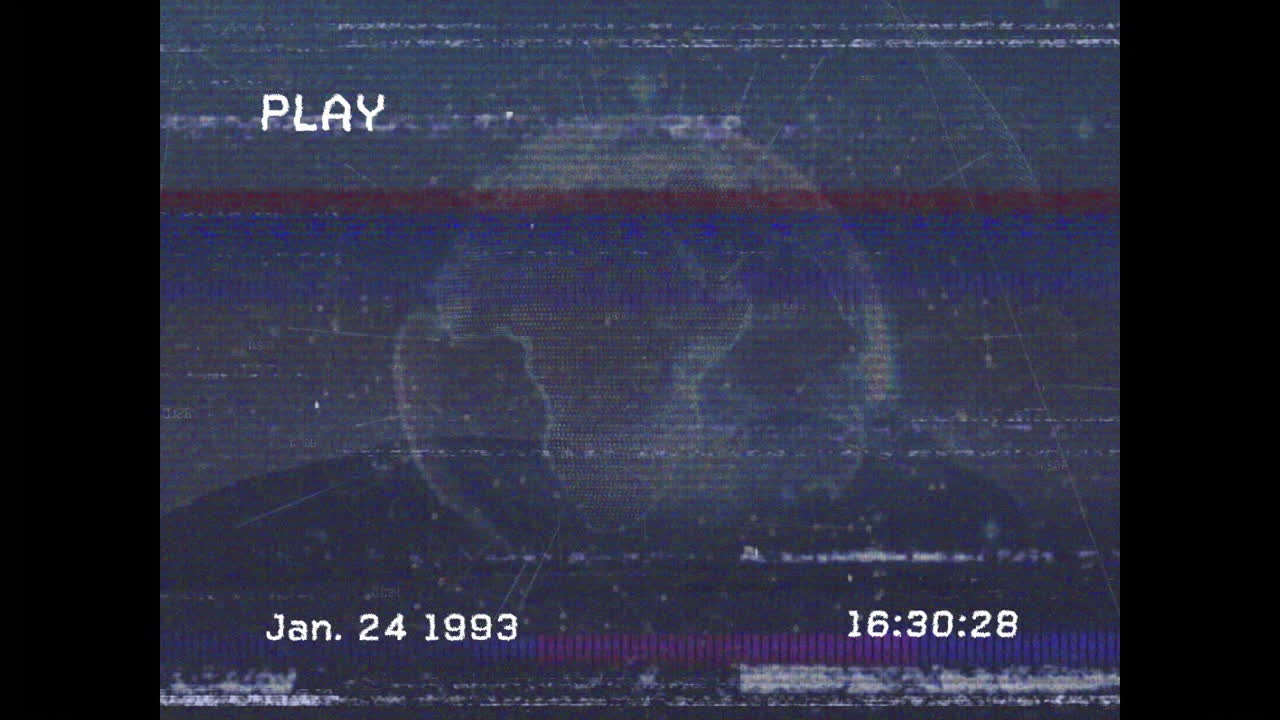 Animation of earth with retro VHS-style, static lines, and timestamp overlay