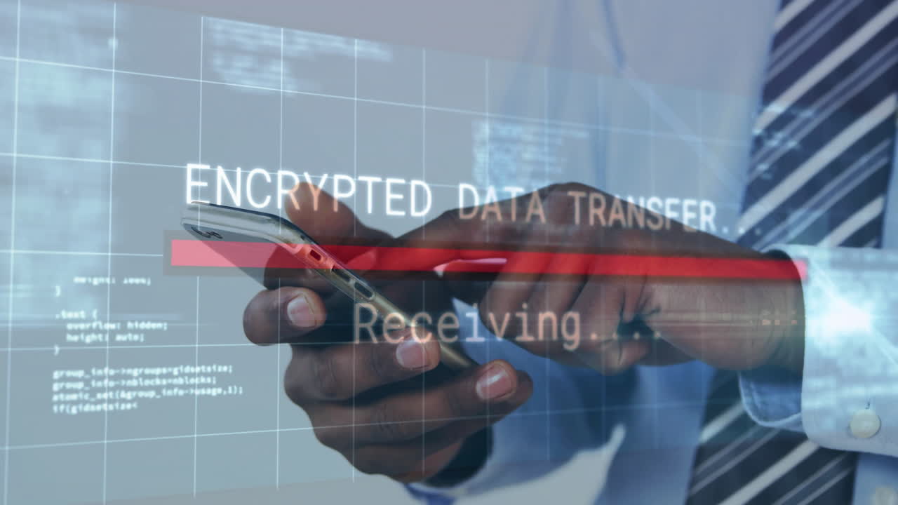 Using smartphone, businessperson receiving encrypted data transfer animation in office