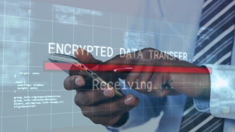 using smartphone, businessperson receiving encrypted data transfer animation in office