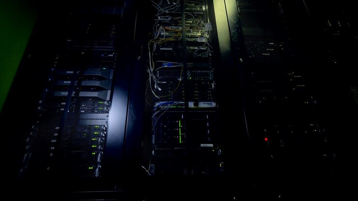 Blinking lights of data storage towers working all day long.