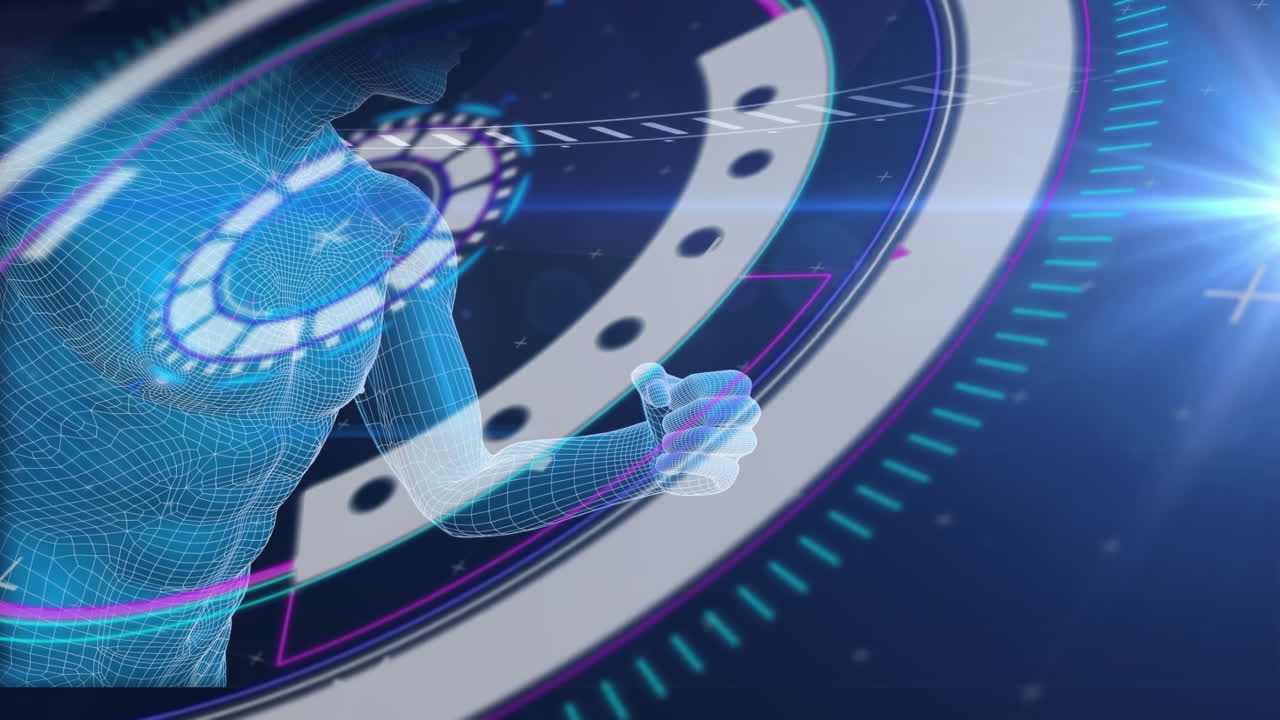 디지털 운동선수 달리기에서 데이터를 처리하는 원형 스캐너의 애니메이션