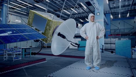 full body of asian male scientist putting hands on his hip and looking around with spacecraft construction