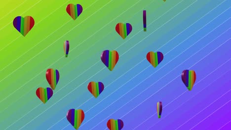 Animation-Von-Regenbogenherzen,-Die-Sich-Auf-Buntem-Hintergrund-Bewegen