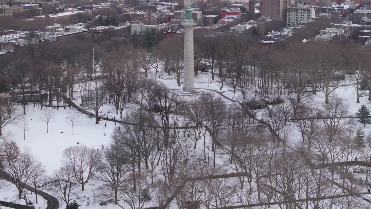 Aerial view of Fort Greene Park on a winter day. Shot in Brooklyn, New York