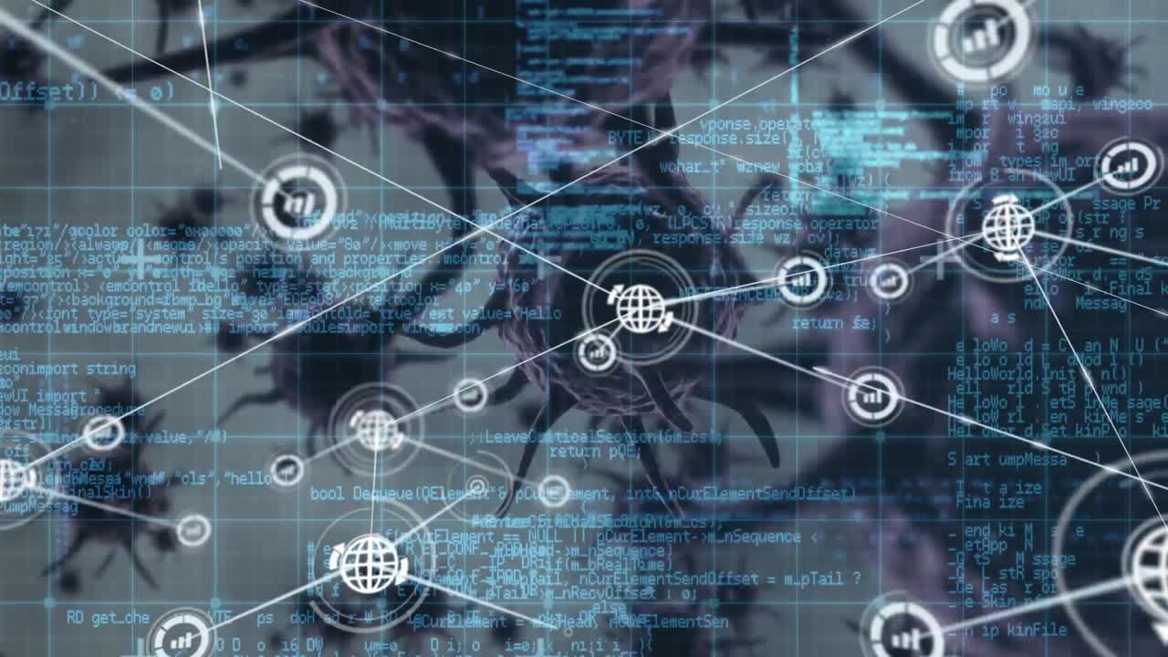red de iconos digitales y procesamiento de datos contra múltiples células de covid-19 en fondo gris