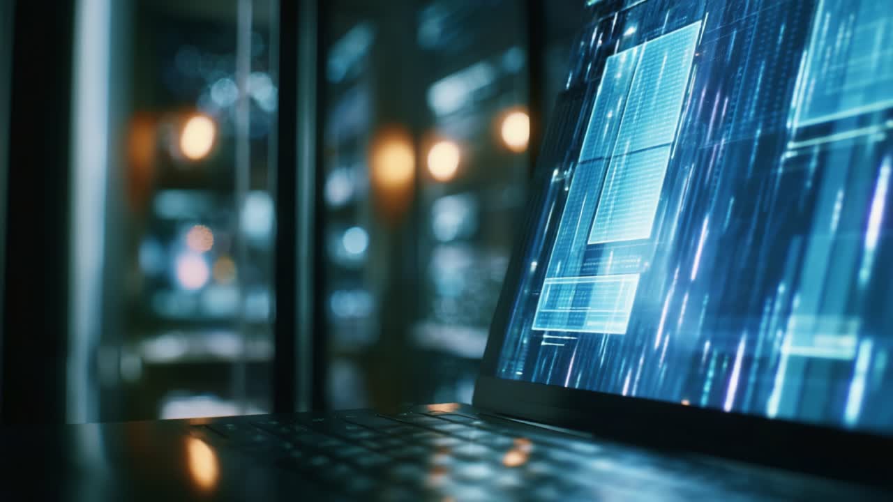 Futuristic laptop displaying dynamic holographic data patterns with a blurred server room background, symbolizing the era of advanced technology and digital innovation