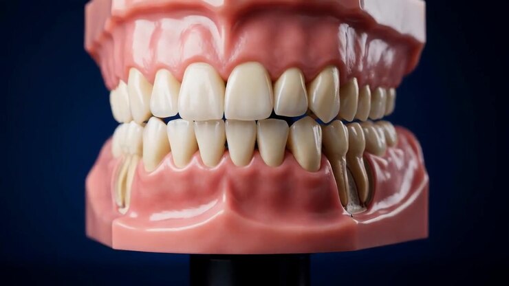 Isolated Teeth And Gums Model On A Dark Background, Several Roots Exposed By Recession