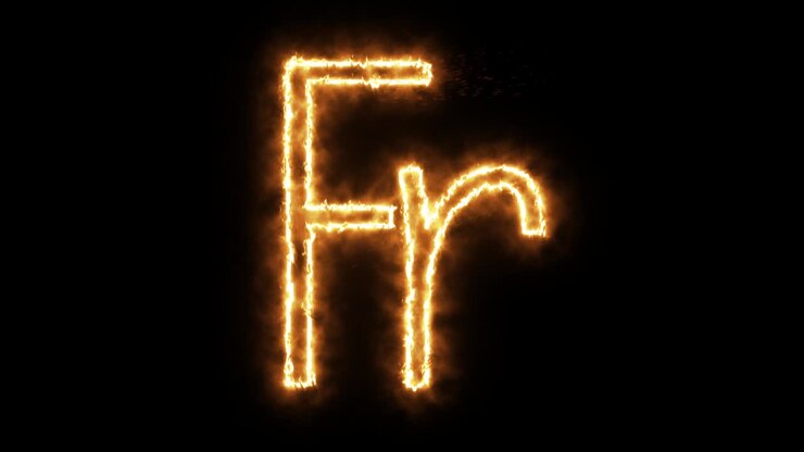 Franc symbol of burning flame. French franc symbol made from fire flame. Flaming burn font or bonfire alphabet text with sizzling fiery shining heat effect. 3D rendering.