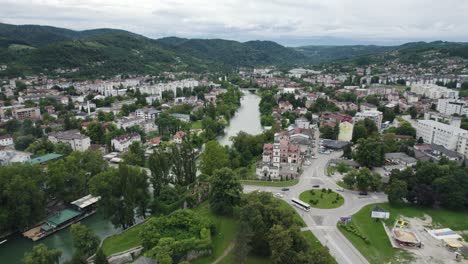 aerial dolly forward beautiful european city banja luka, multicultural church