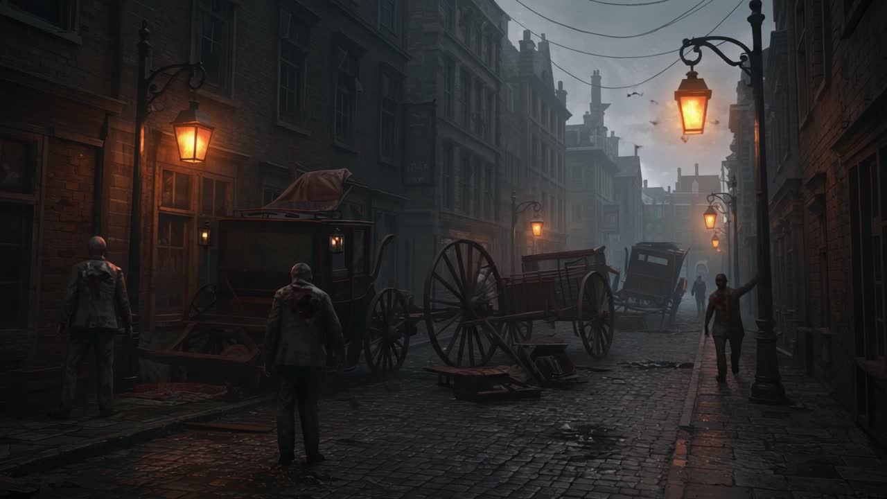 A Mysterious, Foggy Street Scene with Vintage Carriages and Eerie Figures Under the Glow of Street Lamps in a Historical Urban Setting