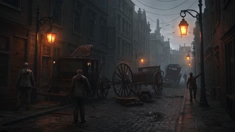 a mysterious, foggy street scene with vintage carriages and eerie figures under the glow of street lamps in a historical urban setting