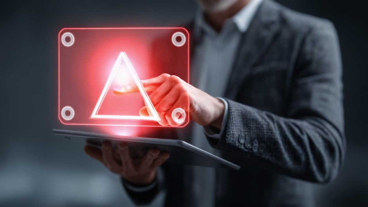 Exploring Digital Interfaces: A Professional Engages with Futuristic Tablet Technology Featuring Glowing Triangle Visuals in an Innovative Environment