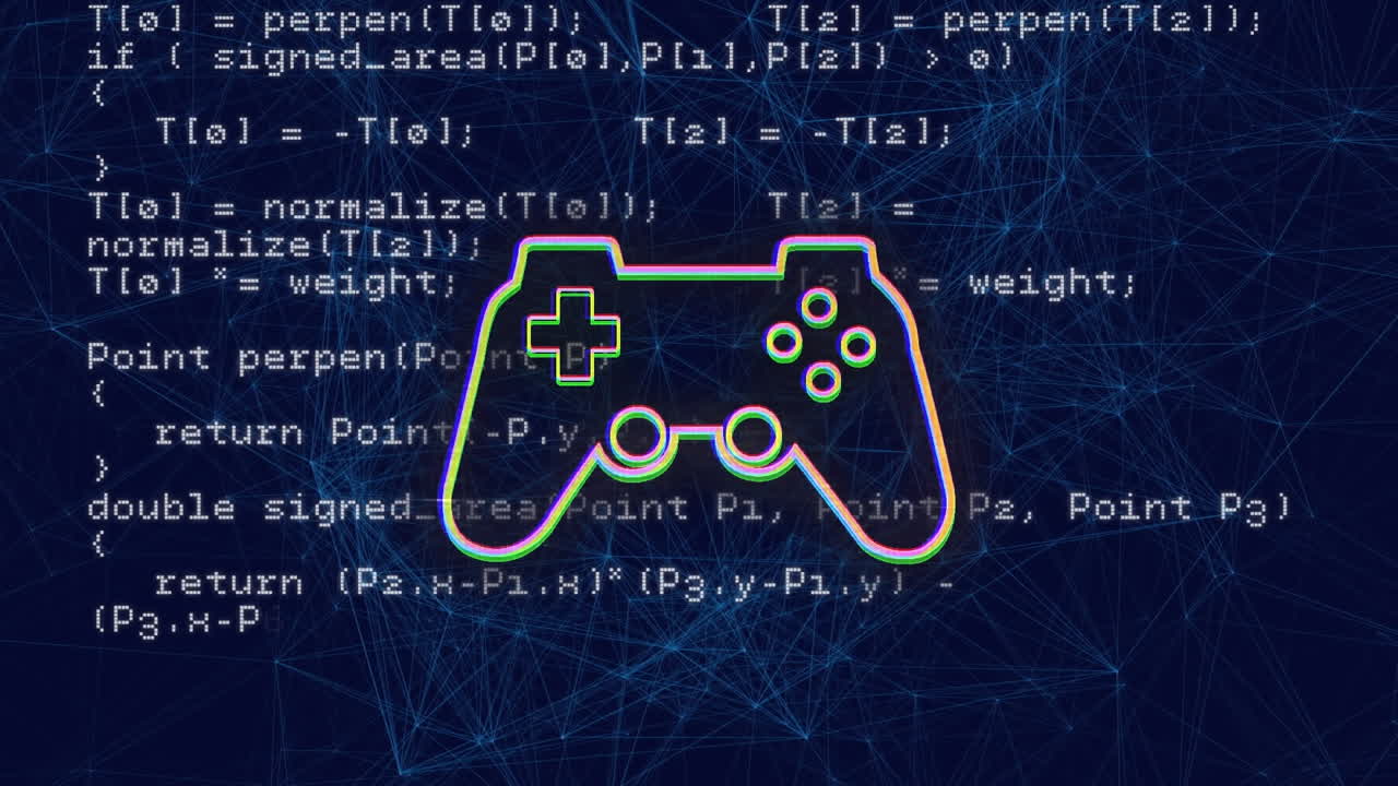Animation of gaming console, computer language and connected dots over black background