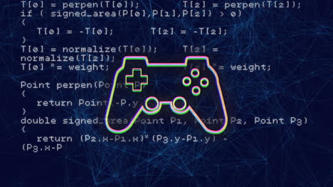 animación de la consola de juegos, el lenguaje de la computadora y los puntos conectados sobre un fondo negro