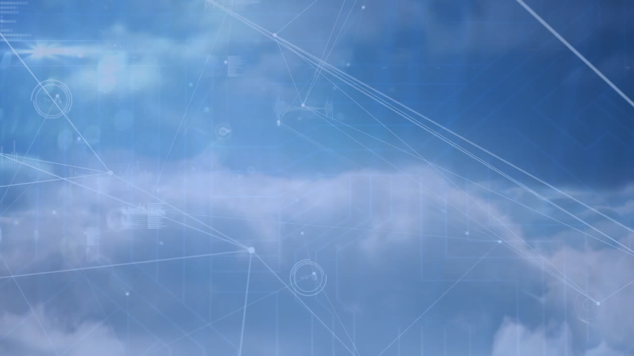 Digital animation of network of connections and data processing against clouds in blue sky