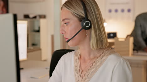 Woman,-call-center-and-night-in-office-by-computer