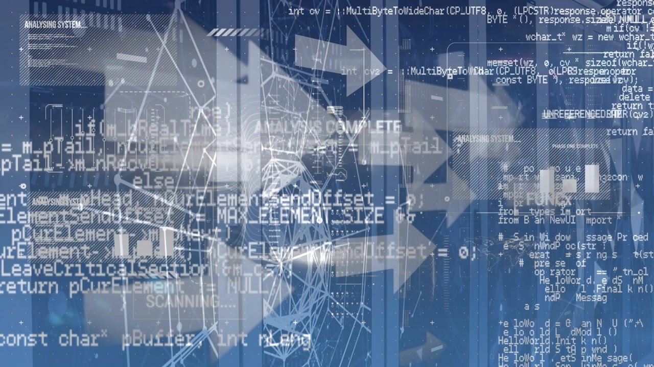 Animation of data processing and arrows over servers