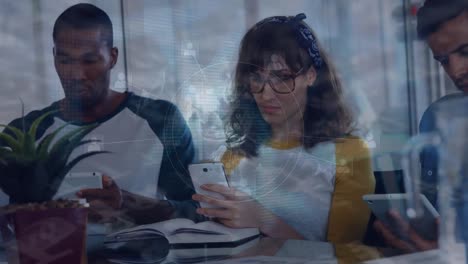 animation of data processing over diverse business people using electronic devices