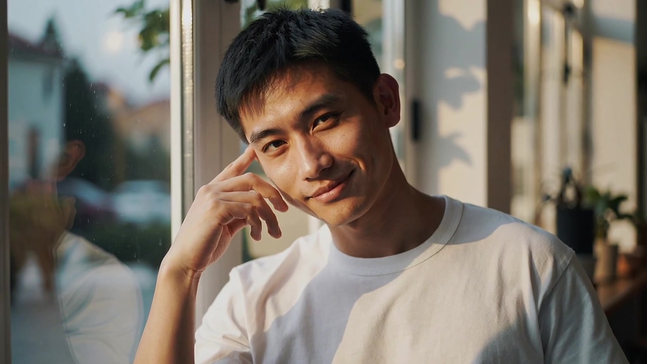 Reacting to sun Asian man in white tee touching temple tilting smiling at window with plants