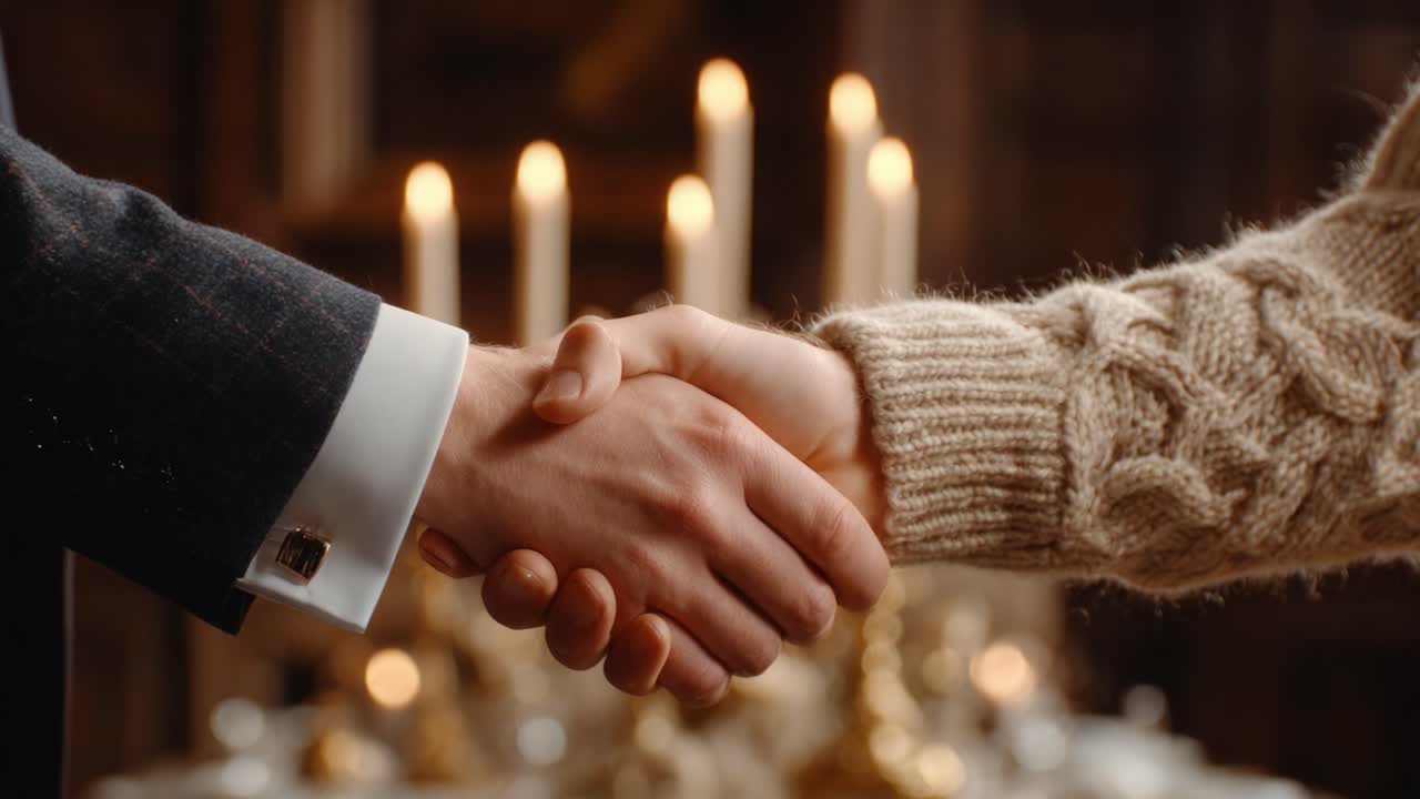 A Warm Handshake Symbolizing Trust and Connection Between Two Individuals, Set Against a Cozy Atmosphere with Candlelight in the Background