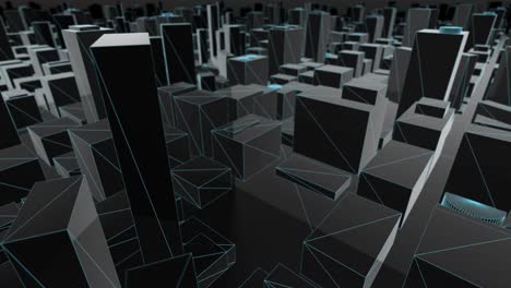 mapa de la ciudad en 3d marco de alambre azul volando mirando hacia adelante