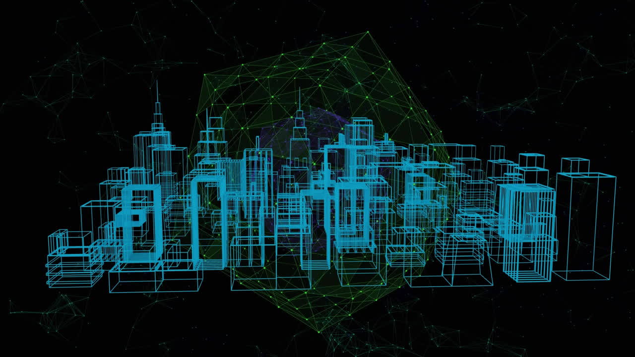 Globe of network connections against 3D city model on black background