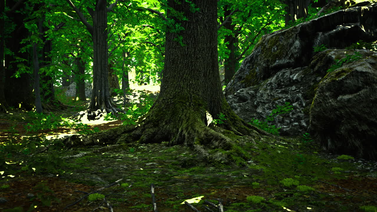 Lush forest scenery with towering trees and vibrant foliage at midday