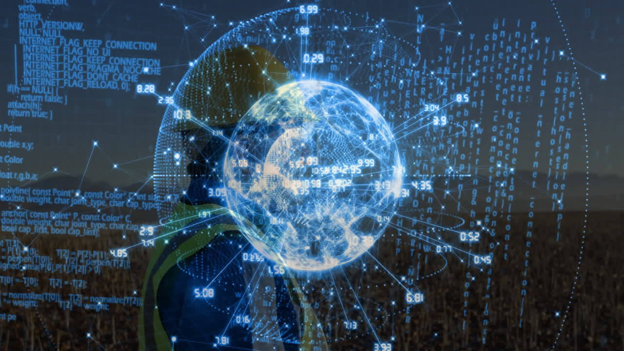 Senior man standing in grass field at dusk, interacting with holographic technology network globe