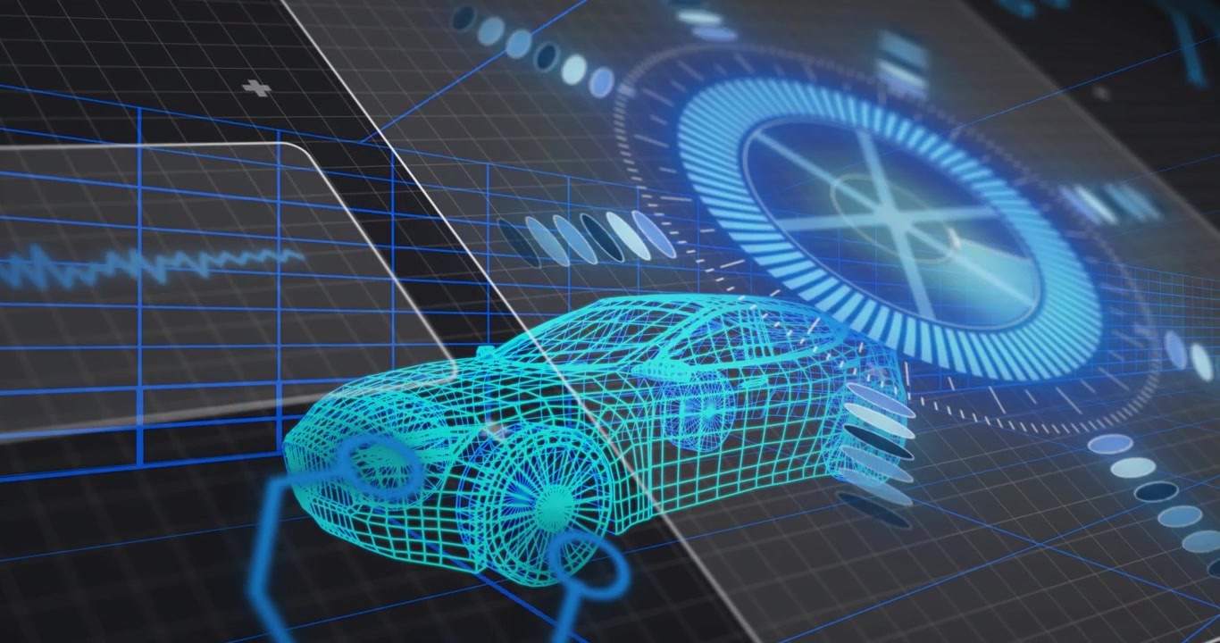Coche de estructura alámbrica cian brillante apareciendo en una cuadrícula, paneles deslizantes y un medidor giratorio realizando análisis.