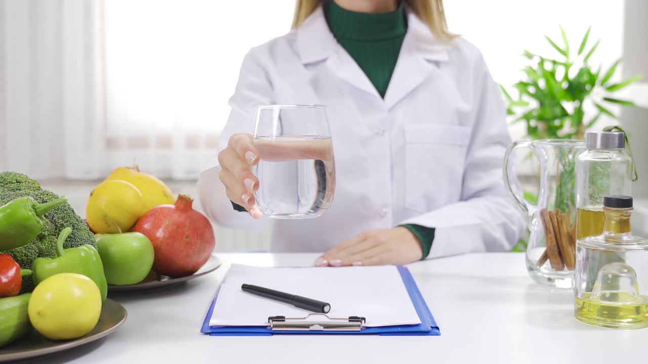 el dietista recomienda comer sano y beber agua.