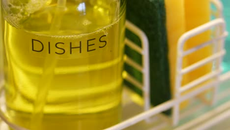 dish soap and sponges in a dish rack
