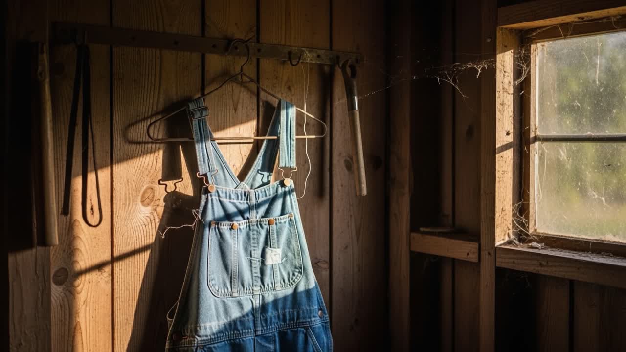 Exploring the Silence and Nostalgia of a Sunlit Room Featuring a Vintage Denim Overalls Hanging by a Rustic Window with Delicate Cobwebs