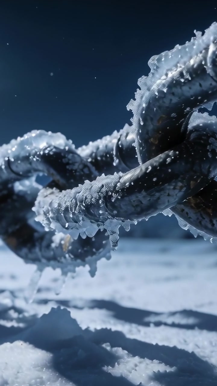 Close-up of a Frozen Metal Chain with Melting Ice and Dripping Water