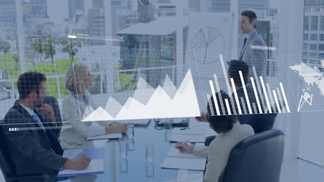 business meeting with charts and graphs animation over office setting