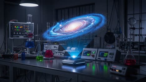 an intriguing scientific experiment revealing a vivid galaxy projection in a modern laboratory setting, illustrating the intersection of science and imagination