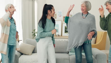 Dance,-high-five-and-senior-women-with-a-nurse