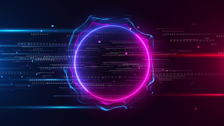 Sfondo dati con cerchio glitch neon, anello rosa e blu, onde a rete fluenti e particelle quadrate digitali.