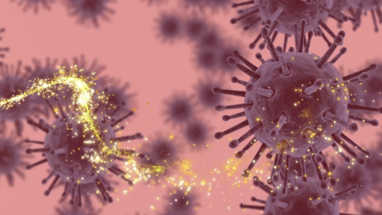 animación de estrellas fugaces y células de covid 19 flotando