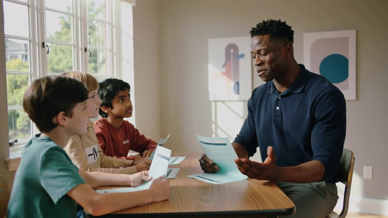 Handing out blue worksheets, male tutor teaching at home table near window, navy polo, copy space