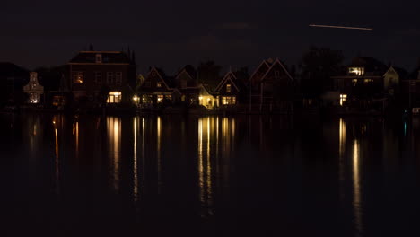 Timelapse-of-night-coming-to-waterside-village-in-Netherlands