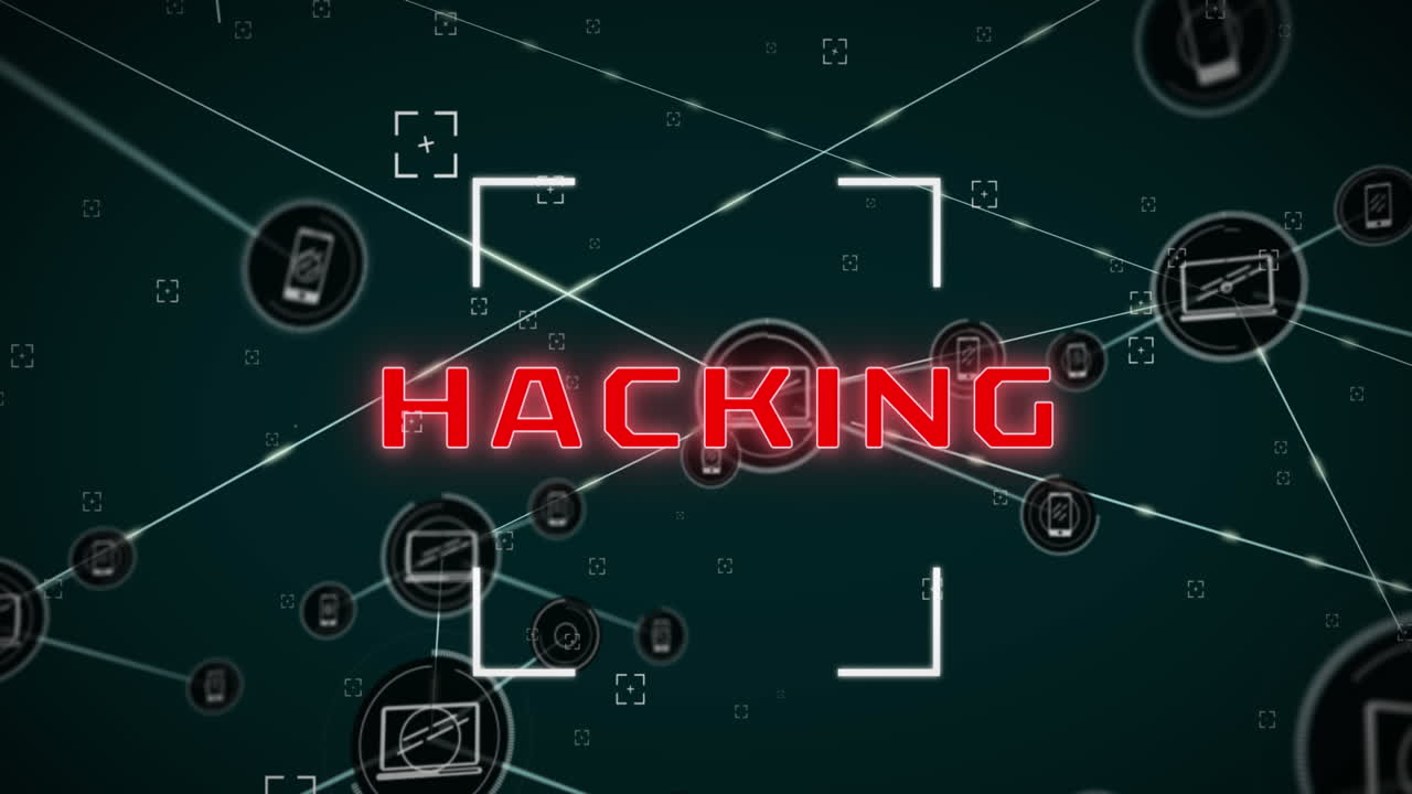 Animation of hacking text with viewfinder and connected laptop and phone icons