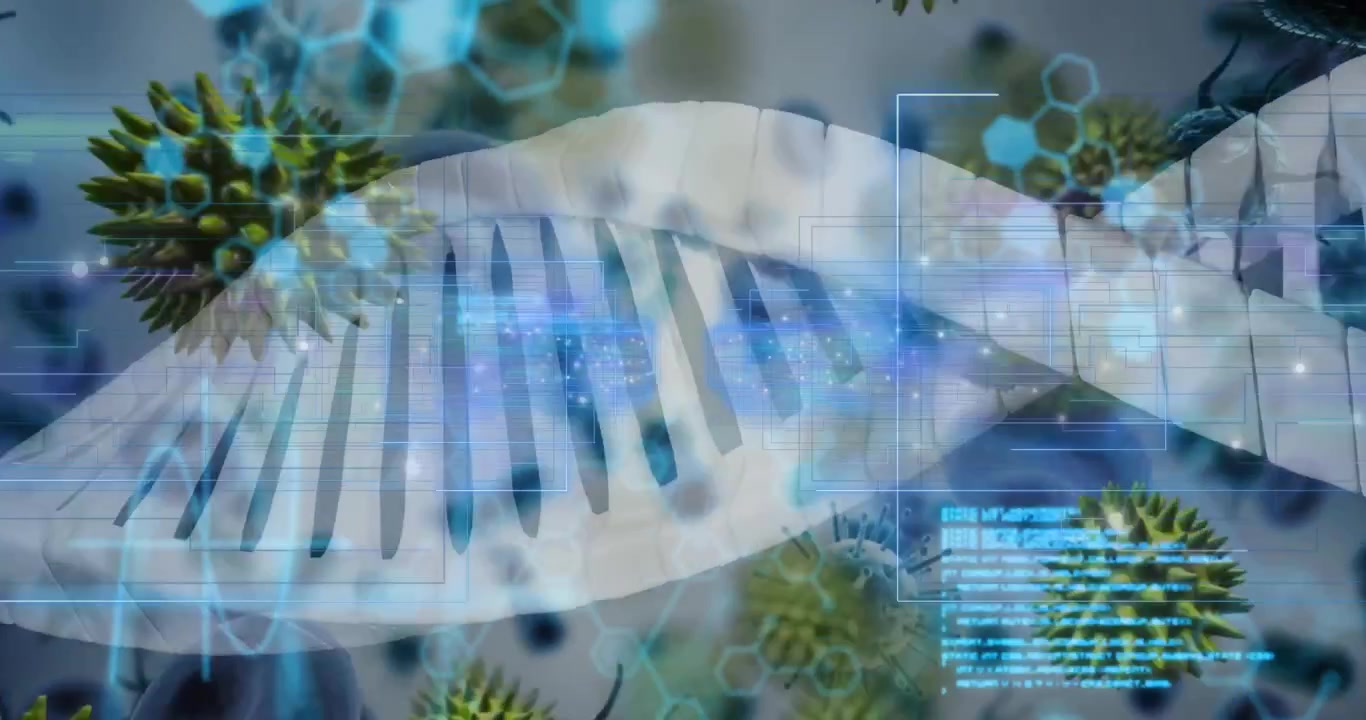 DNA helix materializing and rotating in hex grid, virus drifting panels updating for gene analysis