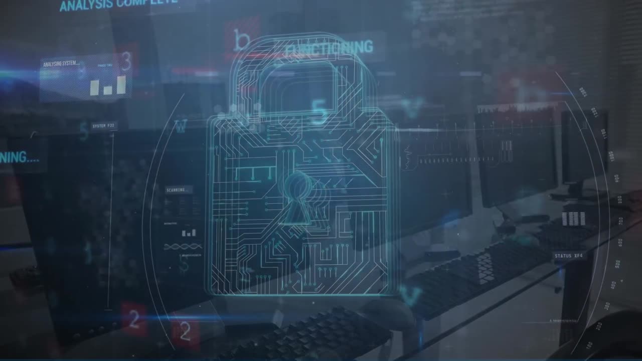 Animation of digital padlock, scanning and warning over computers in office
