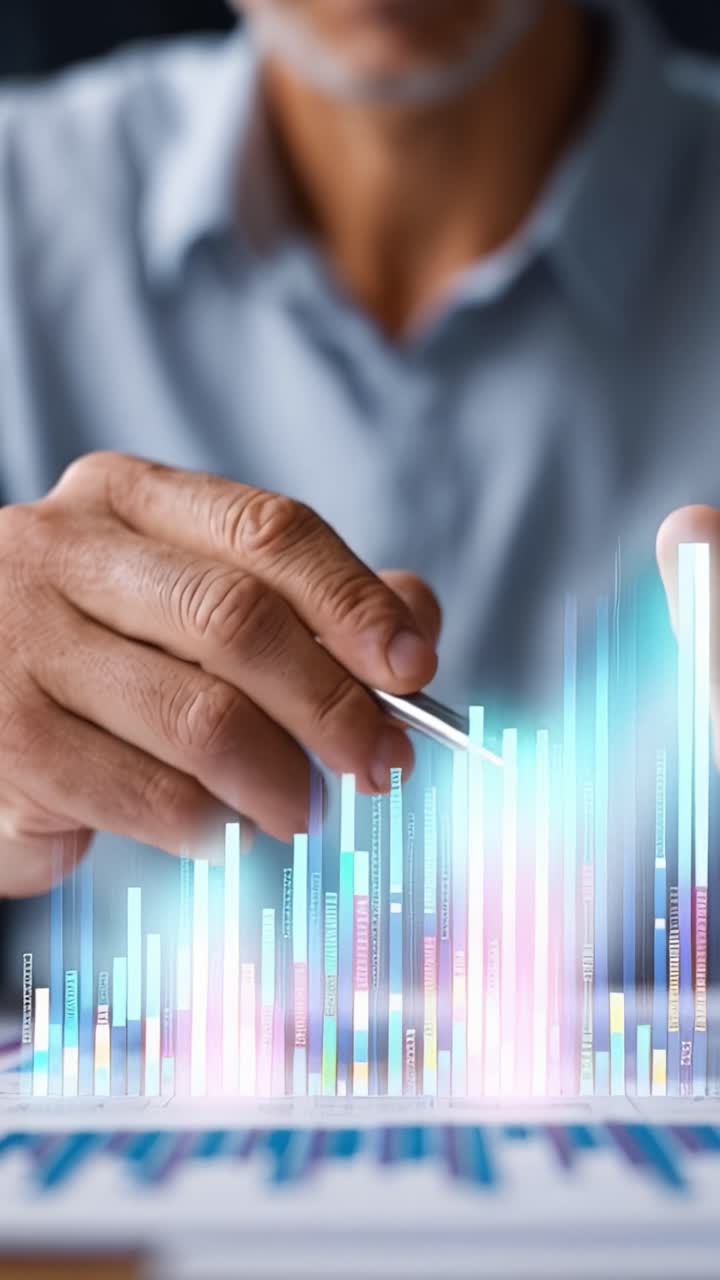 Una persona che analizza le tendenze dei dati con attenzione concentrata, utilizzando tecniche avanzate per interpretare metriche finanziarie e rappresentazioni visive delle informazioni.
