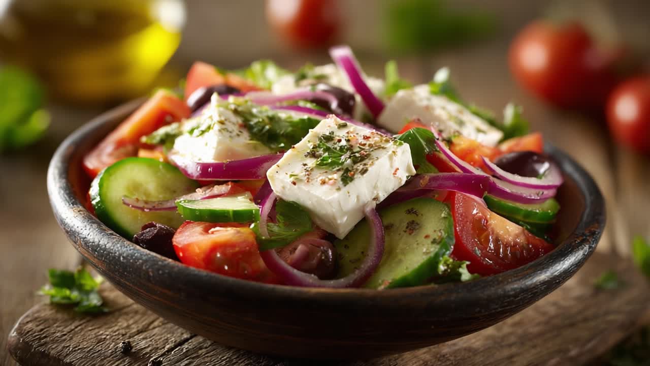 Fresh and Colorful Greek Salad with Feta, Mixed Vegetables, and Dressing in a Rustic Wooden Bowl Surrounded by Olive Oil and Cherry Tomatoes